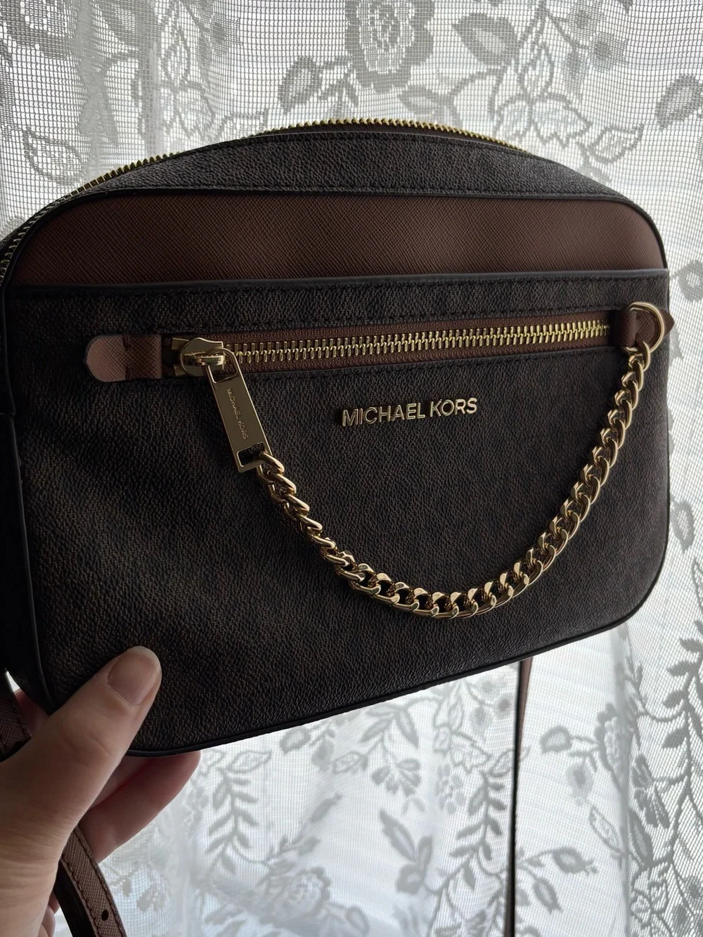 Michael Kors Brown and Tan Signature Crossbody with Gold Chain